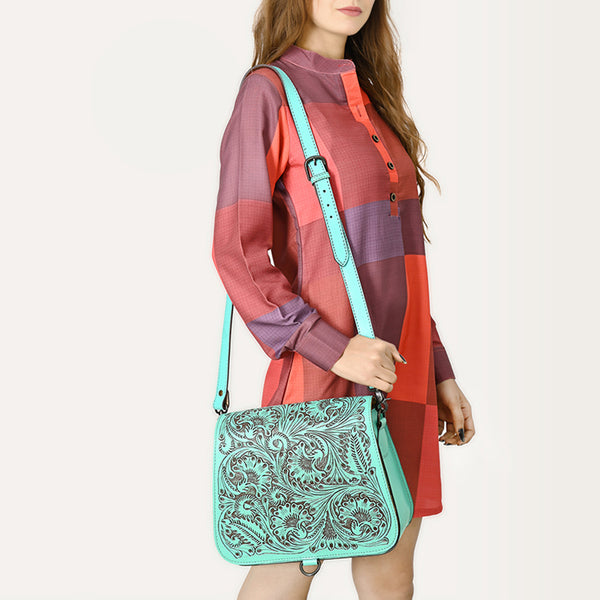 ADBGZ780 Natural Tooled Leather Crossbody Bag - Western Floral Flap Shoulder Purse
