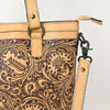LC-ADBGZ783 Hand-Tooled Tan Leather Tote Bag - Western Floral Design with Detachable Strap