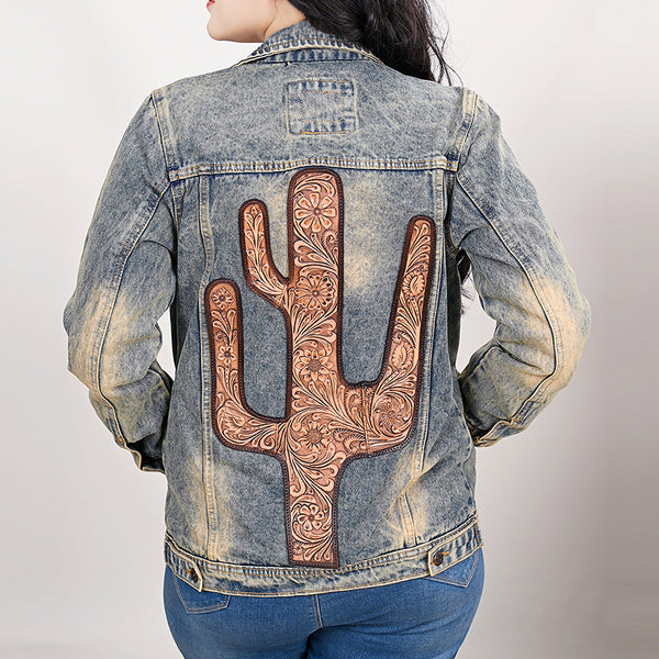 LC-ADJKT021 Cactus Tooled Leather Denim Jacket - Western Vintage Style