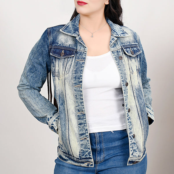 LC-ADJKT024 Tooled Leather Sunflower Fringe Denim Jacket - Western Chic
