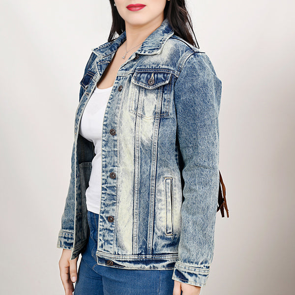 LC-ADJKT024 Tooled Leather Sunflower Fringe Denim Jacket - Western Chic
