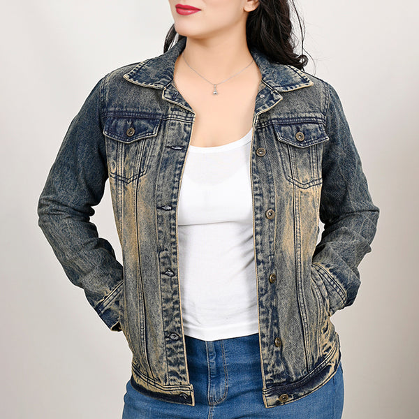 LC-ADJKT025 Turquoise Studded Tooled Leather Fringe Denim Jacket - Western Classic