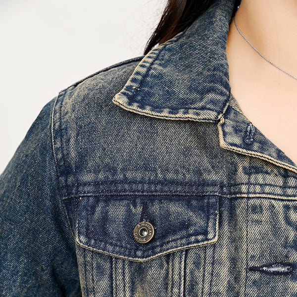 LC-ADJKT025 Turquoise Studded Tooled Leather Fringe Denim Jacket - Western Classic