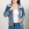 LC-ADJKT029 Women's Stonewashed Denim Jacket with Feather Tooled Leather Yoke & Fringe