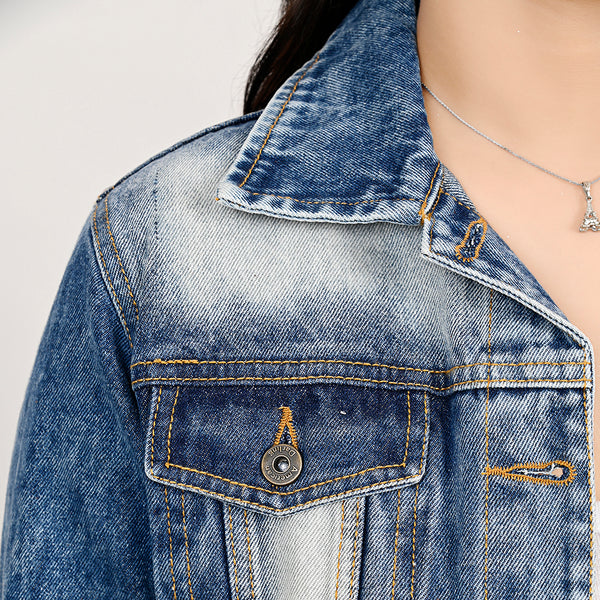 LC-ADJKT029 Women's Stonewashed Denim Jacket with Feather Tooled Leather Yoke & Fringe