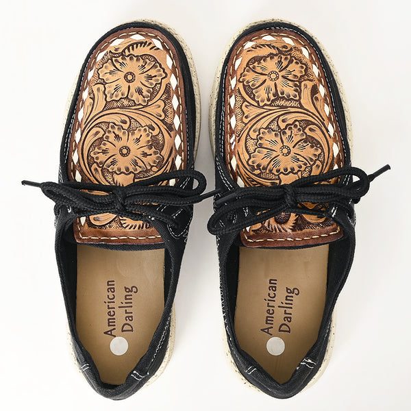 LC-ADFT170 Black Canvas Casuals with Hand-Tooled Leather Top - American Darling Lace-Up Loafers