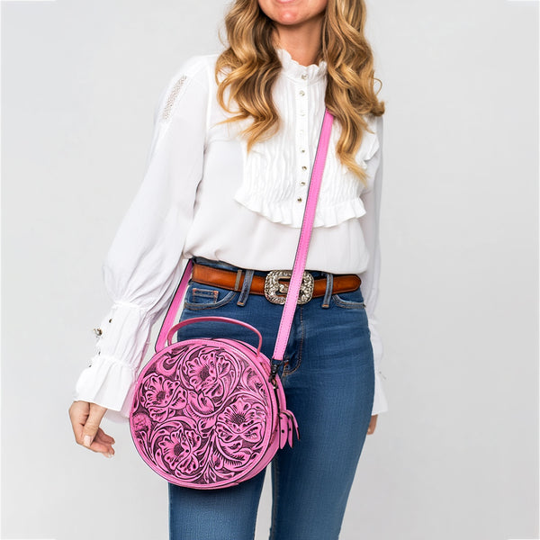 ADBG1300 American Darling Pink Western Leather Canteen Bag - Genuine Leather Hand-Tooled Round Crossbody by American Darling