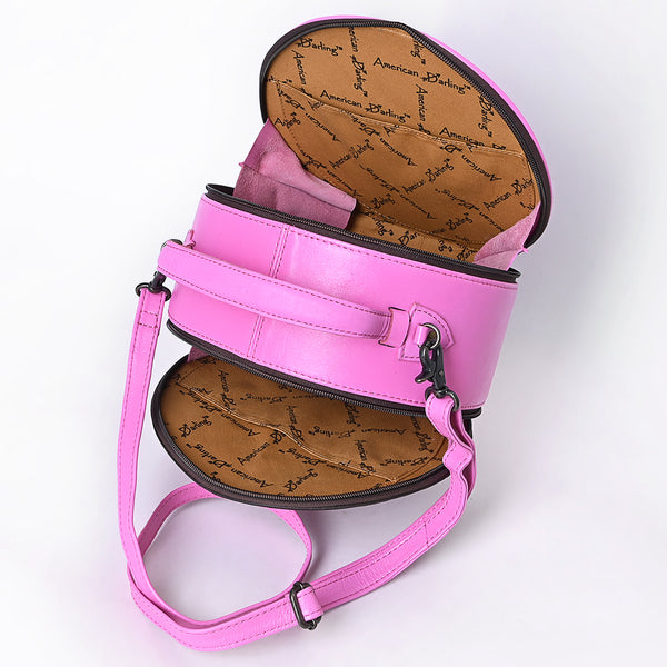 ADBG1300 American Darling Pink Western Leather Canteen Bag - Genuine Leather Hand-Tooled Round Crossbody by American Darling