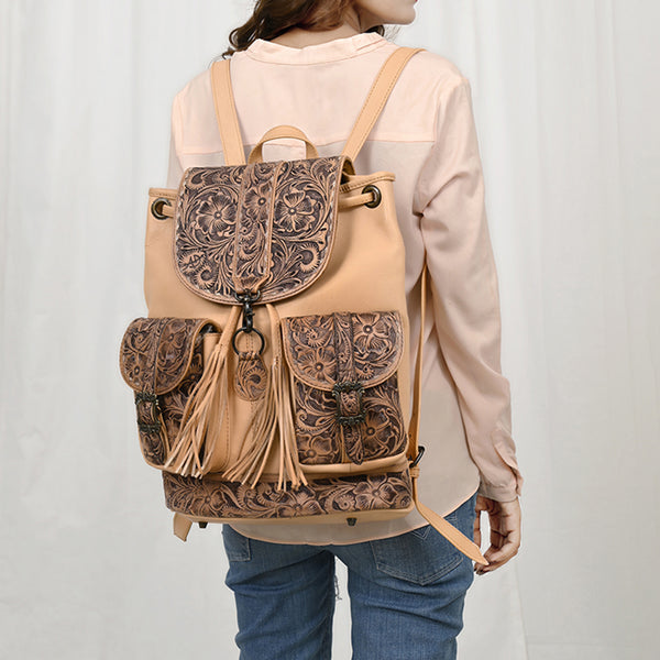 ADBG1306 American Darling Hand Tooled Leather Backpack -Floral Carved Travel Bag