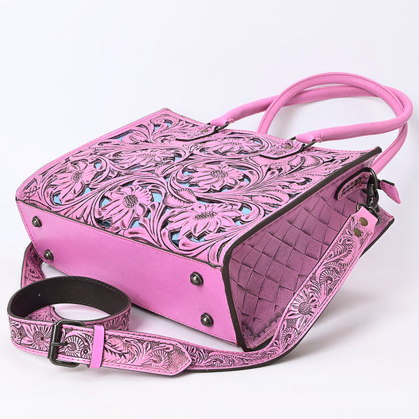 ADBG1314 American Darling Pink Hand-Tooled Leather Tote -Floral Carved Handbag