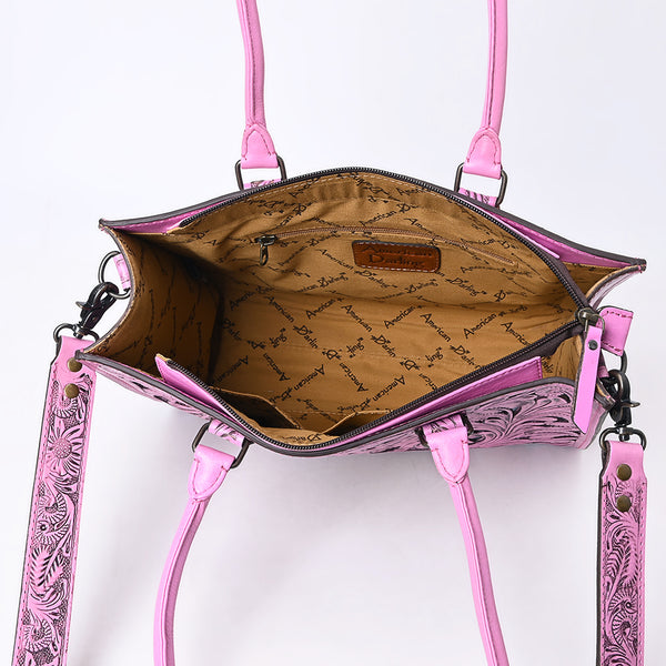 ADBG1314 American Darling Pink Hand-Tooled Leather Tote -Floral Carved Handbag