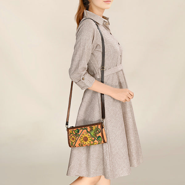 ADBGA469 American Darling Sunflower Crossbody Hand-Tooled Leather Floral Western Bag