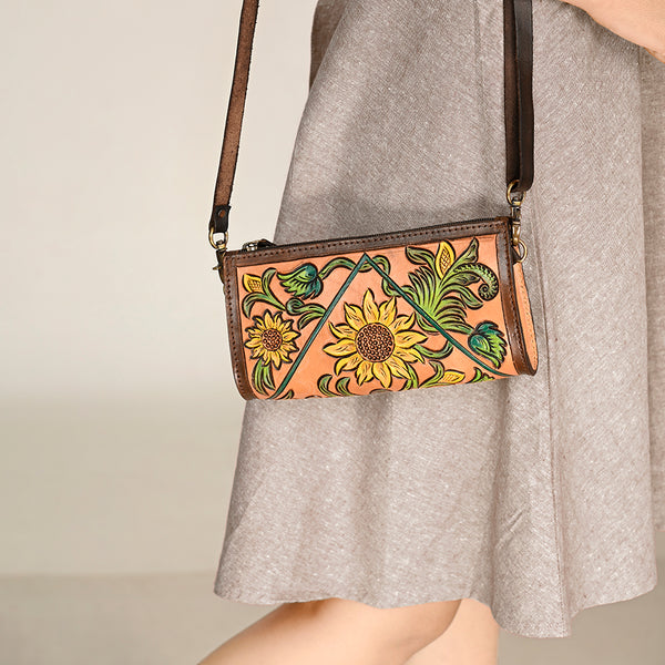 ADBGA469 American Darling Sunflower Crossbody Hand-Tooled Leather Floral Western Bag