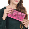 ADBG1269B American Darling Pink Tooled Leather Wallet -Floral Carved Bifold