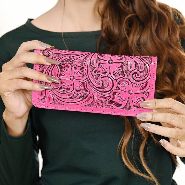 ADBG1269B American Darling Pink Tooled Leather Wallet -Floral Carved Bifold
