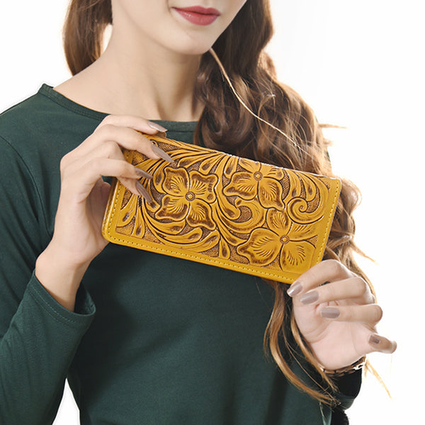 ADBG1269 American Darling Hand-Tooled Genuine Leather Western Wallet Handbag - Floral Carved Women Wallet