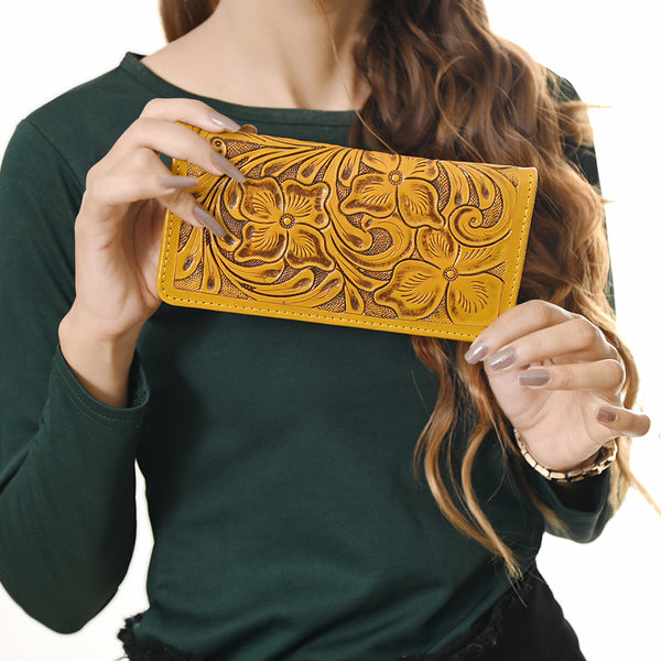 ADBG1269 American Darling Hand-Tooled Genuine Leather Western Wallet Handbag - Floral Carved Women Wallet