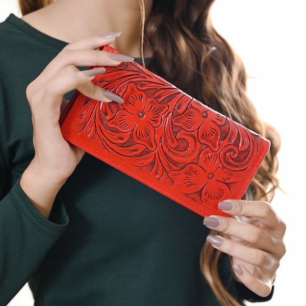 ADBG1269 American Darling Hand-Tooled Genuine Leather Western Wallet Handbag - Floral Carved Women Wallet