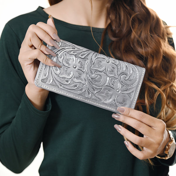 ADBG1269 American Darling Hand-Tooled Genuine Leather Western Wallet Handbag - Floral Carved Women Wallet