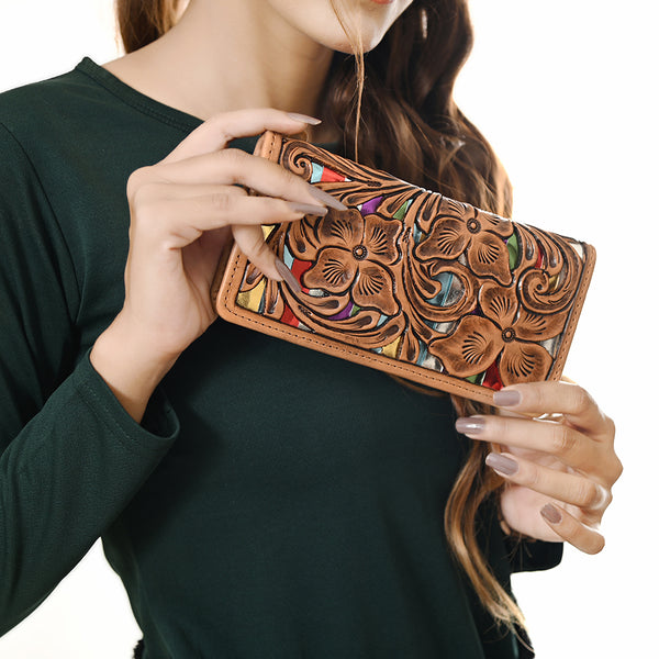 ADBG1269 American Darling Hand-Tooled Genuine Leather Western Wallet Handbag - Floral Carved Women Wallet