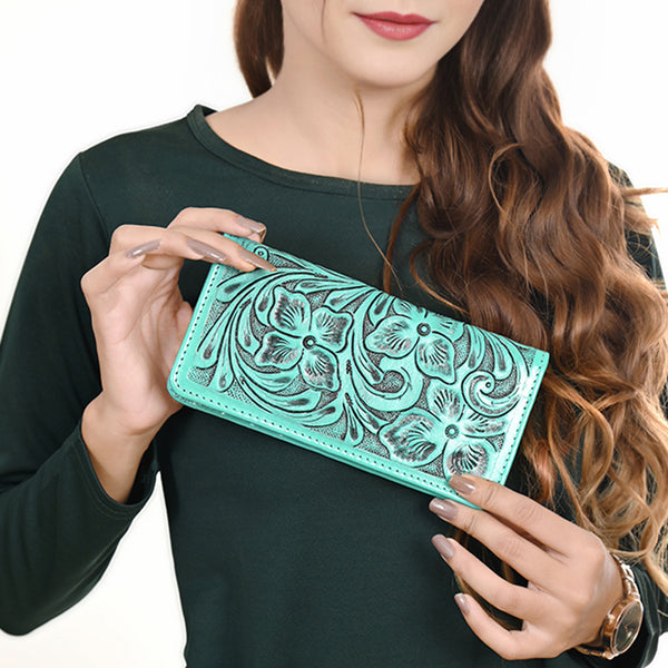 ADBG1269 American Darling Hand-Tooled Genuine Leather Western Wallet Handbag - Floral Carved Women Wallet