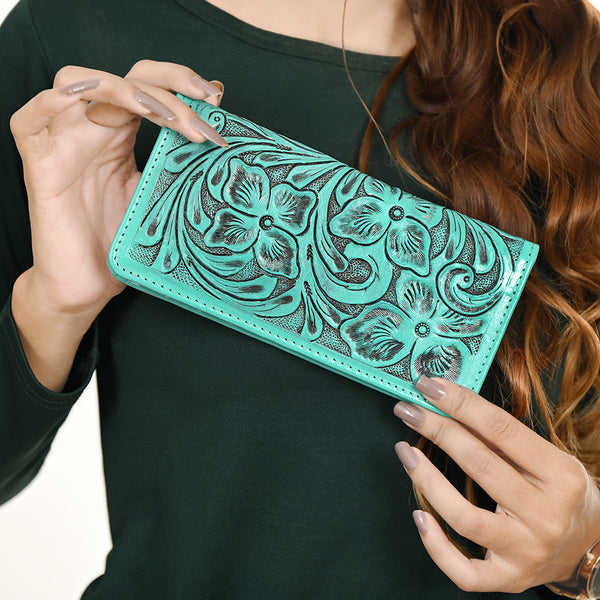 ADBG1269 American Darling Hand-Tooled Genuine Leather Western Wallet Handbag - Floral Carved Women Wallet