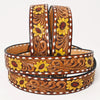 LC-ADBLF237 Sunflower Tooled Leather Western Belt with Whipstitch and Engraved Buckle