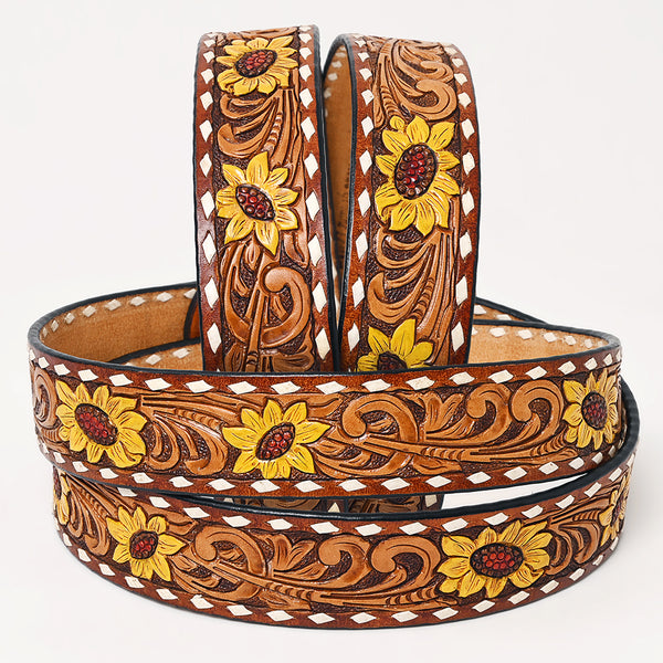 LC-ADBLF237 Sunflower Tooled Leather Western Belt with Whipstitch and Engraved Buckle