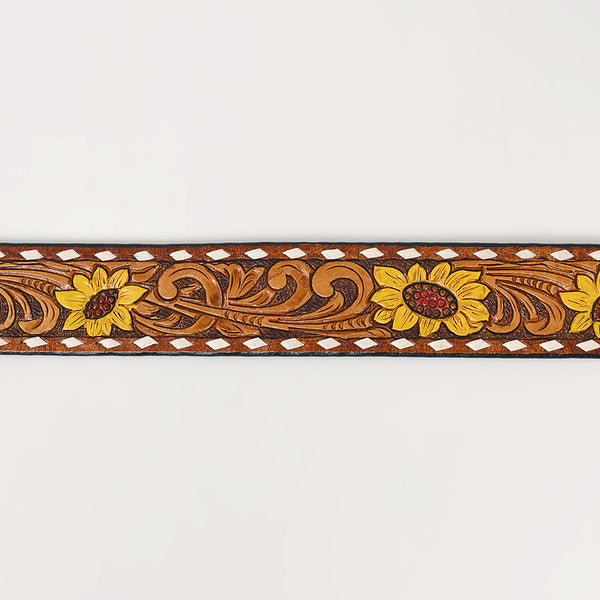 LC-ADBLF237 Sunflower Tooled Leather Western Belt with Whipstitch and Engraved Buckle
