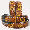 LC-ADBLF237 Sunflower Tooled Leather Western Belt with Whipstitch and Engraved Buckle