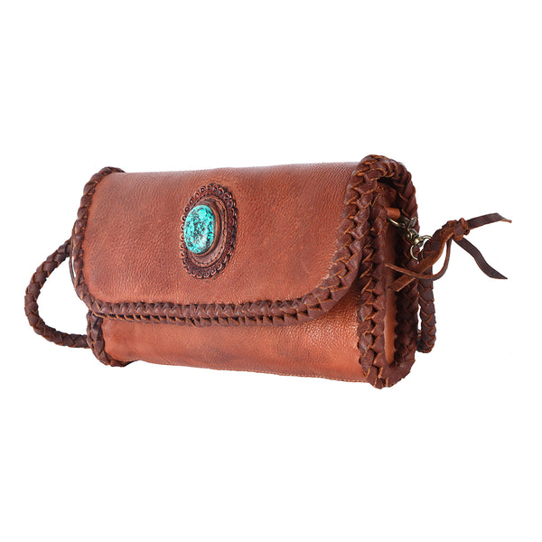 ADBGM267 Mini Western Leather Crossbody - Braided Edge & Turquoise Concho
