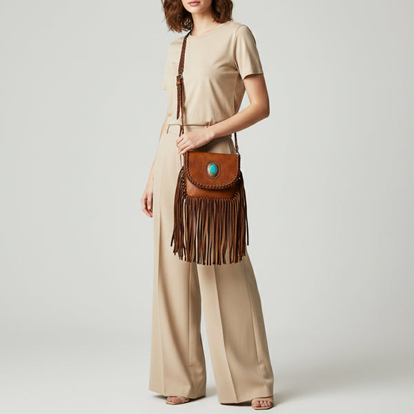 ADBGM338 Fringe Leather Crossbody Bag with Turquoise Concho - Small Western Braided Flap Purse