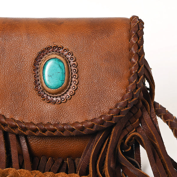 ADBGM338 Fringe Leather Crossbody Bag with Turquoise Concho - Small Western Braided Flap Purse