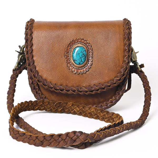 ADBGM338 Braided Leather Crossbody Bag with Stone Accent and Flap Closure
