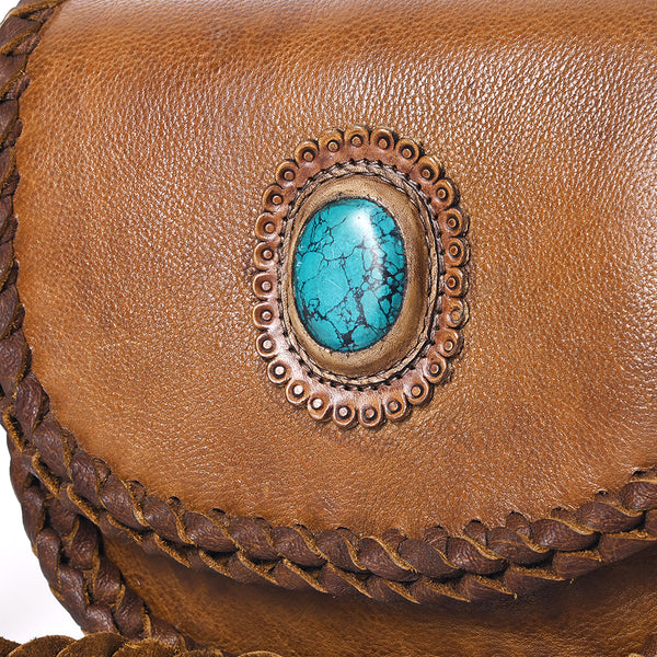 ADBGM338 Braided Leather Crossbody Bag with Stone Accent and Flap Closure