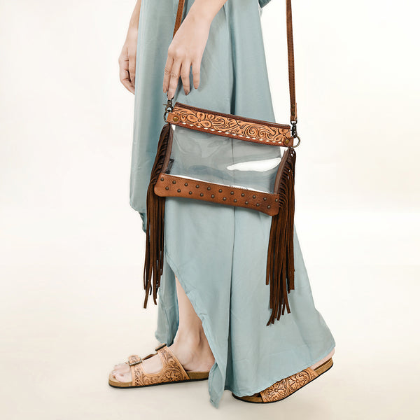 ADBG1174 American Darling Hand Tooled Leather Fringe Clear Crossbody -Western Stadium Bag