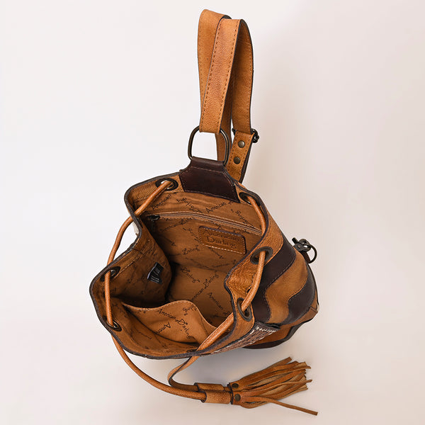 ADBG1324 American Darling Western Leather Bucket Bag with Hair-On Cowhide Patches & Tooled Leather Accent