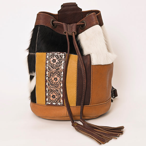 ADBG1324 American Darling Western Leather Bucket Bag with Hair-On Cowhide Patches & Tooled Leather Accent