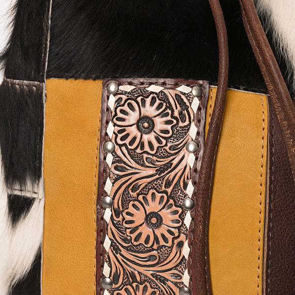 ADBG1324 American Darling Western Leather Bucket Bag with Hair-On Cowhide Patches & Tooled Leather Accent