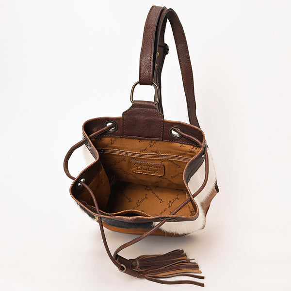 ADBG1324 American Darling Western Leather Bucket Bag with Hair-On Cowhide Patches & Tooled Leather Accent