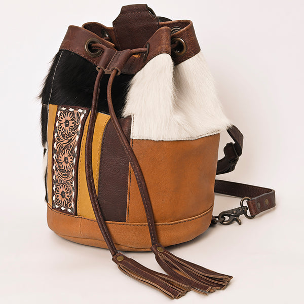 ADBG1324 American Darling Western Leather Bucket Bag with Hair-On Cowhide Patches & Tooled Leather Accent