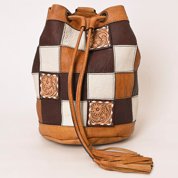 ADBG1324 American Darling Western Leather Bucket Bag with Hair-On Cowhide Patches & Tooled Leather Accent
