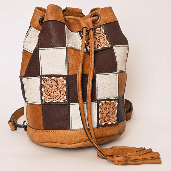 ADBG1324 American Darling Western Leather Bucket Bag with Hair-On Cowhide Patches & Tooled Leather Accent