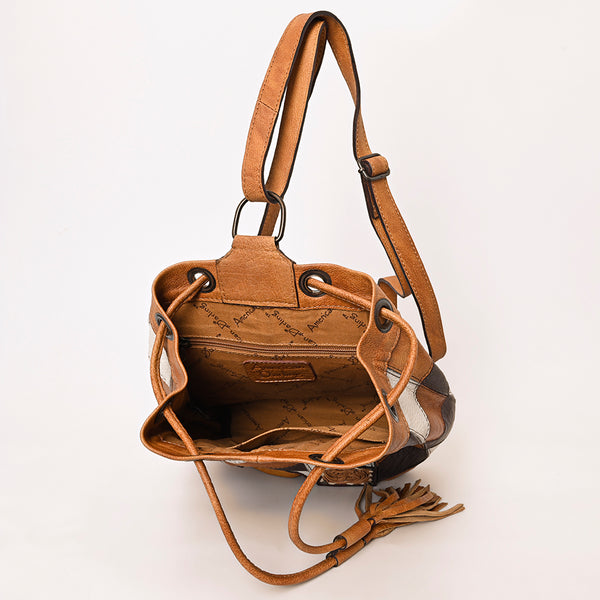 ADBG1324 American Darling Western Leather Bucket Bag with Hair-On Cowhide Patches & Tooled Leather Accent