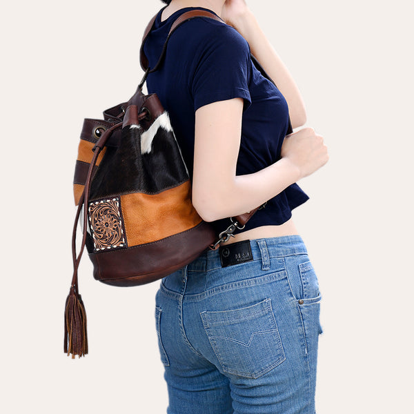 ADBG1324 American Darling Western Leather Bucket Bag with Hair-On Cowhide Patches & Tooled Leather Accent