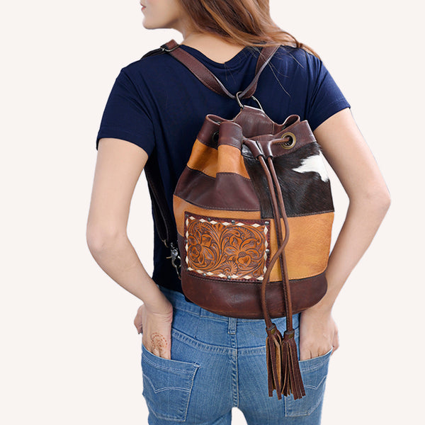 ADBG1324 American Darling Western Leather Bucket Bag with Hair-On Cowhide Patches & Tooled Leather Accent