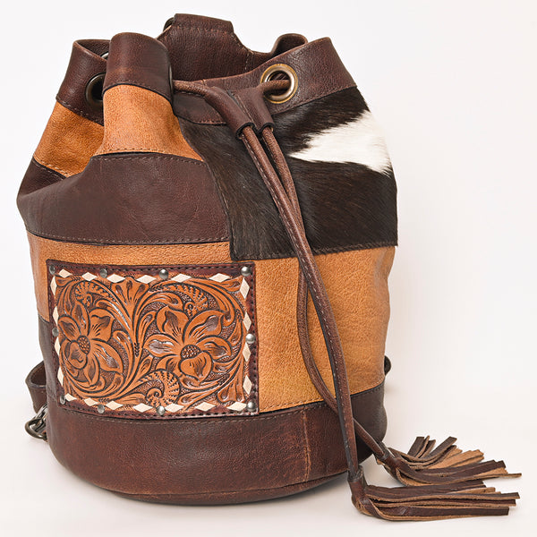 ADBG1324 American Darling Western Leather Bucket Bag with Hair-On Cowhide Patches & Tooled Leather Accent