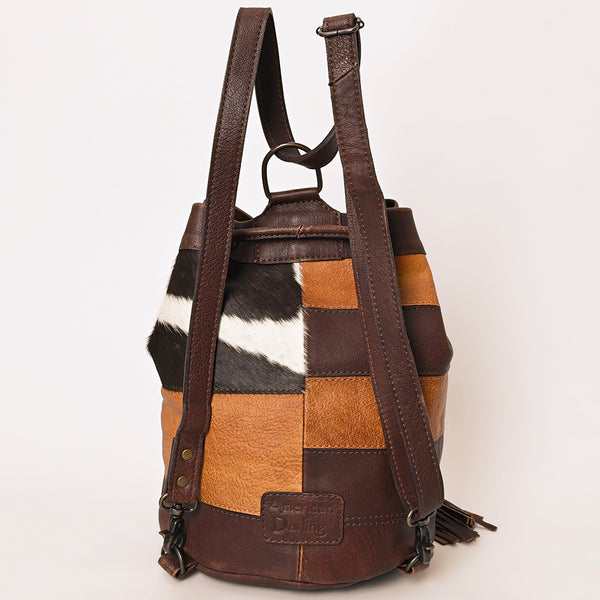 ADBG1324 American Darling Western Leather Bucket Bag with Hair-On Cowhide Patches & Tooled Leather Accent