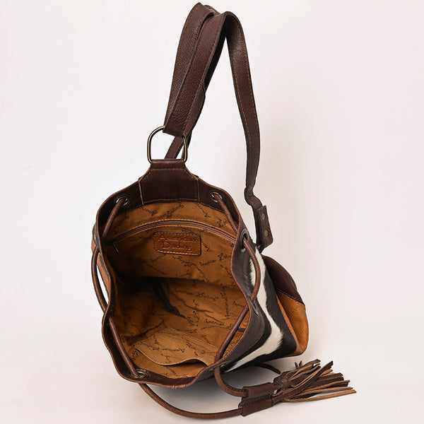 ADBG1324 American Darling Western Leather Bucket Bag with Hair-On Cowhide Patches & Tooled Leather Accent