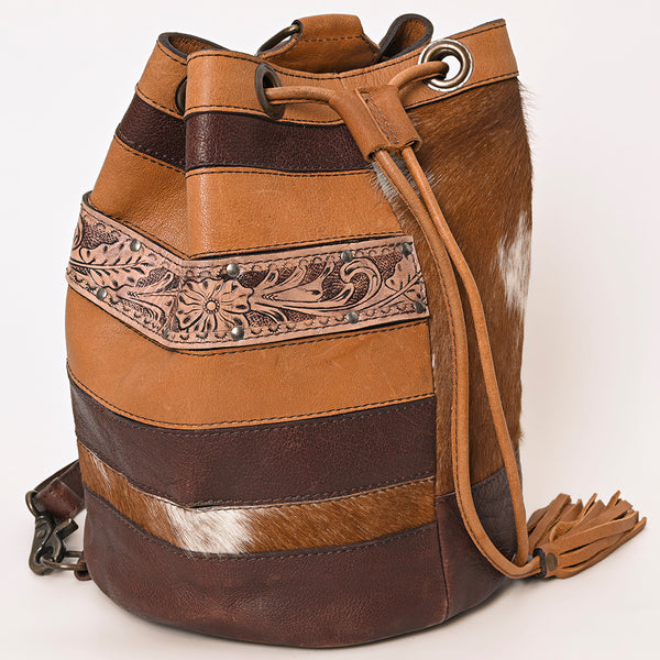 ADBG1324 American Darling Western Leather Bucket Bag with Hair-On Cowhide Patches & Tooled Leather Accent
